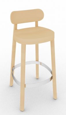 Heller Holzstuhl / Barhocker mit Rückenlehne und Fußstütze aus Metall. Thonet Design.